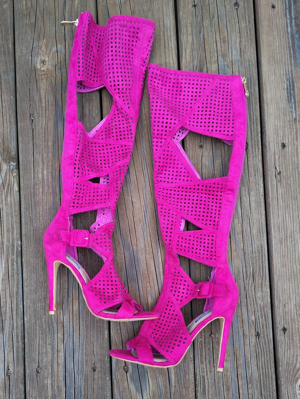 Cape Robbin Fucshia Faux Suede Knee High Cut-Out Peep Toe Stiletto Boots Size 6